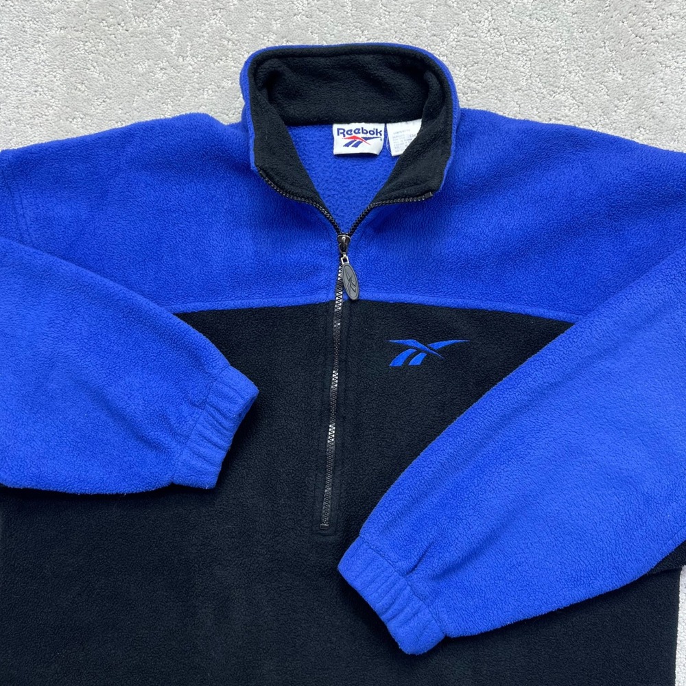 VINTAGE 90s Reebok Fleece Pullover Mens S Oversized Blue Black 1/4 Zip Sweater